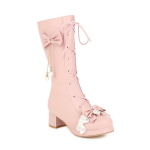 Moodsad t&uuml;drukute saapad Cosplay printsess keskmise pikkusega Lolita saapad Naiste k&otilde;rge kontsaga roosad valged mustad volangidega lipsuga peosaapad 30-43 34(22cm) beige
