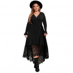 Suur Suurus Must Pitskleit V-kaeluse ja pikkade varrukatega, tikandpitsiga, k&otilde;rge-madala &auml;&auml;rega pikk kleit, naiste kokteilikleit XL