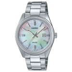 Casio Standard Series 50m Veekindel Kvartsmehhanism Roostevabast terasest rihm Unisex P&auml;rlmutterkettaga sihverplaat Unisex kellad MTP-1302DS-7AV Mother-of-Pearl Color Watch Dial white
