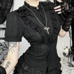 Magus Lolita puuvillased s&auml;rgid naistele Vintage gooti mustvalge žakaar l&uuml;hikeste varrukatega pluusid elegantne kontori daam Y2k topid S must