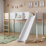 K&otilde;rgvoodi, Kolmeastmelise sirge redeliga narivoodi, Lastevoodi, Lium&auml;ega noortevoodi, Eemaldatava riiuliga, M&auml;nd+MDF, Valge+Naturaalne, 90x200cm 205 x 205 x 121 cm valge