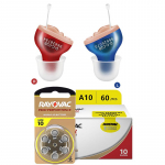N&auml;htamatu mini-kuuldeaparaadi v&otilde;imendi 60 tk A10 patareidega kombineeritud komplekt kurtusk&otilde;rva kuulamisseadmetele RAYOVAC PEAK Zinc Air10/A10 punane/sinine