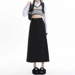 Vintage pikk seelik naistele Preppy stiilis k&otilde;rge v&ouml;&ouml;kohaga Line seelik Hall kevadsuvine mood Y2k naiste Korea stiilis riided S must
