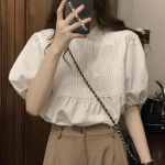 Prantsuse stiilis l&uuml;hikeste varrukatega pluus, valge s&auml;rgiga topid Naiste armsad puhvis varrukatega s&auml;rk Solid Stand krae vabaaja lahtised riided 27528 One Size valge