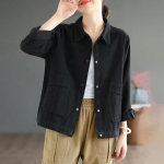 Naiste puuvillane jakk, s&uuml;gisene l&uuml;hike vabaaja n&ouml;&ouml;pjakk lahtised, lihtsad, suured pikkade varrukatega topid M must