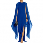 Naiste &uuml;hev&auml;rviline &scaron;ifoonist maksikleit O-kaelusega ebaregulaarse kahekihilise r&auml;tikuga kleit-kleit k&uuml;ljelt l&otilde;hestatud &auml;&auml;risega, &otilde;hukese sobivusega &scaron;ifoonist peokleit XL sinine