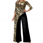 Naiste kombinesoon Patchwork Flower Print v&otilde;ltsitud kaheosaline laia jalaga kolmveerandvarrukatega &uuml;mmargune kaelus ebaregulaarne pehme hingav kombinesoon 2XL kuldne