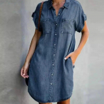Saabumine Suvine Naiste Denim Kleit L&uuml;hikeste Varrukatega Avarad A-Word Kleidid S V-kaelusega Solid Denim Kleidid S&auml;rkkleit 17139 L imetlus