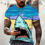 Meeste T-s&auml;rk Anime Shark Print Meeste T-s&auml;rk Hip-hopi stiilis l&uuml;hikeste varrukatega topid Suvised &uuml;markaelusega T&auml;navar&otilde;ivad Suured s&auml;rgid S kollane/sinine