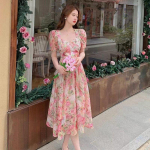 Naiste Disainitunnetus Temperament Temperament Vanemlik Tunnetus Prantsuse Saab Magus Saab Sool Ruudukujuline Krae Lilleline Kleit V&ouml;&ouml;ga V&ouml;&ouml;kohalt &Otilde;huke Mullvarrukatega Kleit S roosa