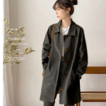 Polo kaelusega trenc coat, &uuml;hev&auml;rviline, lihtne, vabaaja, naiste, &otilde;huke, keskmise pikkusega, lai, &uuml;he n&ouml;&ouml;biga disain, voodriga, kevad, s&uuml;gis M gray