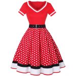 Naiste retro Hepburni stiilis V-kaelusega l&uuml;hikeste varrukatega v&ouml;&ouml; A-kujuline seelik, t&auml;piline vabaajakleit 4XL punane