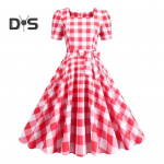 Naiste vintage ruudumustriga kleit ruudukujulise kaelusega l&uuml;hikeste varrukatega midi-kleit k&otilde;rge v&ouml;&ouml;kohaga ja paelaga A-l&otilde;ikeline lehviv kleit M roosa