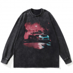 Streetwear Car Graphic pestud must T-s&auml;rk Puuvillane Unisex Plus Size pikkade varrukatega T-s&auml;rk S must