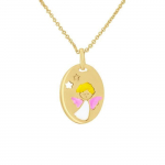 Pendentif Enfant - L&Eacute;A & ARTHUR - ANGE ROSE - Or Jaune 375 - &Eacute;mail Rose - 18x10 mm