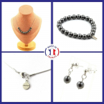 Pierres et Min&eacute;raux. Parure Bracelet Collier Boucles D'oreilles Puces 10 perles H&eacute;matite 8 Taille personnalisable.