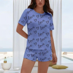 Naiste puhkeriided magamisriided suvised kirjatr&uuml;kiga l&uuml;hikeste varrukatega kaelusega topp elastsete l&uuml;hikeste p&uuml;kstega 2-osaline &ouml;&ouml;riiete pidžaamakomplekt S sinine