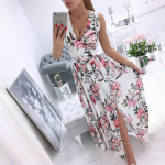 Elegantne lillemustriga kleit Seksikas s&uuml;gava V-kaelusega naiste kleit Boheemlaslik pikk kleit L