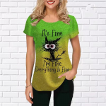 Suvised &uuml;mara kaelusega 3D kassipildiga pluusid, moodsad vabaaja l&uuml;hikeste varrukatega naiste T-s&auml;rgid XS