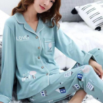 Naiste puuvillane pidžaamakomplekt S&uuml;gisene soliidne pikkade varrukatega pikad p&uuml;ksid magamisriided, 2-osaline komplekt naistele kodune lahtine &uuml;likond M