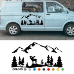 Autokleepsud matkaautole, hobuste transpordik&auml;russe, karavanile, RV-le, matkaautole, v&auml;litingimustesse, graafika, p&otilde;der, puud, mets, m&auml;gi, siluett, dekoratsioon, kleebis 43x21cm