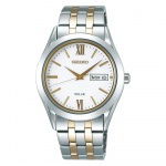 SEIKO SELECTION SBPX085 Meeste k&auml;ekell Valmistatud Jaapanis P&auml;ikeseenergial t&ouml;&ouml;tav Paaris Safiirklaas Kuup&auml;ev P&auml;ev Kalender H&otilde;bedane Kollane Kuld Valge sihver Roostevaba teras.