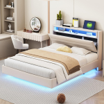 Polsterdatud voodi 140x200 cm USB-pistikupesa ja LED-valgustusega, P&ouml;&ouml;ratav peats, Peidetud jaluts, Kahekohaline lamevoodi, Linane kangas Beež 214 x 141 x 106 cm beež