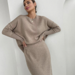 Hirsionsani pehmed elegantsed vintage naiste 2022. aasta &uuml;likonnad, uued 2-osalised naiste komplektid, kaelaga kampsun ja midikleit, kootud spordidress One Size khaki