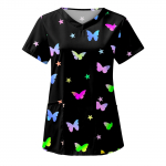 Naiste mood liblikasprinteriga V-kaelusega l&uuml;hikeste varrukatega t&ouml;&ouml;riided taskutega topsid L must