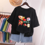 Lady Cotton L-5XL T-s&auml;rk Suures suuruses l&uuml;hikeste varrukatega naiste top suvine multifilmitr&uuml;kiga paari O kaelusega T-s&auml;rgid L must