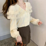 Elegantsed alumised topid Moodsad naiste riided Korea stiilis pikkade varrukatega V-kaelusega naiste s&auml;rk, vabaaja n&ouml;&ouml;biga pitspluus Blusas 29629 S aprikoosi