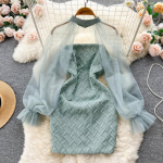 Elegantne seksikas k&otilde;rge v&ouml;&ouml;kohaga &uuml;hes t&uuml;kis naiste kleit, v&otilde;rkkangast latern, pikkade varrukatega seksikas minikleit daamile puhkuseks m&otilde;eldud &otilde;huke &scaron;ikk pidulik pidulik kleit 2024 S hall v&auml;rv