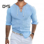 Men Summer T shirt Solid Color Lace up V Neck Long Sleeves Vintage Soft Breathable Slim Fit Pullover Mid Length Sports Casual Men Beach Top S sinine