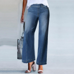 Naiste &otilde;mblusega esiosa laia s&auml;&auml;rega teksad elastne v&ouml;&ouml;koht veniv denim Flare teksad K&otilde;rge v&ouml;&ouml;kohaga Jean Bell alumine k&auml;rbitud p&uuml;ksid L sinine