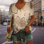 Naiste V-kaelusega l&uuml;hikeste varrukatega beež Lotose tr&uuml;kitud topid vaba T-s&auml;rk vabaaja pluus XS beež