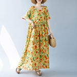 Suures suuruses naiste kleit Lihtne moodne Boheemlaslik pikk kleit Suvine l&uuml;hikeste varrukatega &uuml;mmarguse kaelusega tr&uuml;kitud kleidid One Size kollane