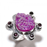 Natural Pink Titanium Druzy, Amethyst Gemstone 925 Sterling Silver Ring S.6 q2s01
