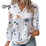 Naiste s&uuml;gistop V kaelusega pits Patchwork Lilleprinteriga pikkade varrukatega lahtine pehme hingav v&auml;rvikindel &otilde;&otilde;nsa v&auml;ljan&auml;gemisega elegantne naispluus L valge