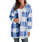 Naiste talvemantlid, soojad pl&uuml;&uuml;sjakid, eest avatud pikkade varrukatega kampsun Trendikas ruuduline fuzzy &uuml;ler&otilde;ivad L sinine