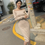 S&uuml;gis- ja talvine triibuline kaldkaelus Seksikad kleidid Naiste mood Elegantne pikkade varrukatega vabaaja naiste kootud kleit Slim Fit aluskleit k&otilde;rge v&ouml;&ouml;kohaga 25963 One Size must