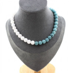 Pierres et Min&eacute;raux. Collier perles Aigue-marine 8 mm. Chaine en acier inoxydable. Collier femmes, hommes. Taille personnalisable.