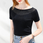 Briljantne l&uuml;hikeste varrukatega T-s&auml;rk naistele suvel Naiste uus trendikas T-s&auml;rk Sexy Black Mesh Base Top M must