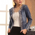 Kevad- ja s&uuml;gisr&otilde;ivad Stretch Denim Rhinestone Sequins Retro l&uuml;hike teksajakk 4XL sinine