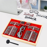 104-osaline optiline prooviklaaside komplekt, k&otilde;rge t&auml;psusega optilised l&auml;&auml;tsed, optomeetriakomplekt prilliraamiga, t&auml;pne metall&auml;&auml;rise prooviklaaside komplekt punane