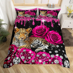 Leopard voodipesukomplekt Metsik gepard tekikott Roosiline romantiline lilleline tekikott Poiste t&uuml;drukute toa kaunistuseks &Uuml;heinimesevoodi T&auml;iskasvanu voodi Suur voodi Kuninglik voodi EU Single(135*200cm)3pcs pink