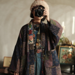 Johnature Naiste Vintage Lapitehnika V&auml;rvilised Talvemantlid Hiina Stiilis Soojad Puuvillased Taskutega Mantlid One Size