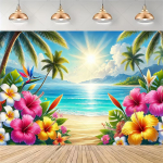 Peodekoratsioon Hawaii ranna ja surfi teemal, troopiline taust palmide, lillede ja surfilauaga, fotograafiline b&auml;nner 180x120cm