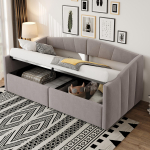 Polsterdatud Voodi Diivanvoodi 90*200 cm, H&uuml;draulilise Panipaiguga, Lamelliga Raami ja K&auml;etugedega, Klassikaline Triibuline, &Uuml;heinimesevoodi, Sametkangas, Helehall 212 x 95 x 62 cm helehall v&auml;rv