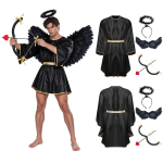 Meeste Ingli Cosplay Kost&uuml;&uuml;m Patchwork Kuldse &Auml;&auml;risega &Uuml;mmarguse Kaelusega Nahkhiirevarrukatega Hommikumantel Sulgedest Tiibade Peakatte, Vibu ja Noole Komplektiga Halloweeni Peoks 3XL