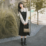 Pehme polos&auml;rkkleit naiste s&uuml;gisvintage preppy stiilis korea pikkade varrukatega Midi v&ouml;&ouml;kleit kooli&otilde;pilaste riided S must